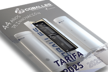 Portada del catálogo de productos y tarifa Coballes 2025, con termoacumuladores y lema '44 años de innovación'