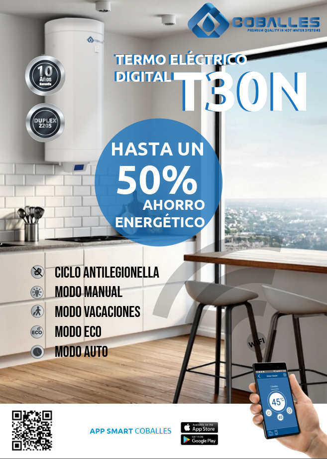 Termo inteligente T30N de Coballes montado en pared, con diseño moderno y pantalla digital